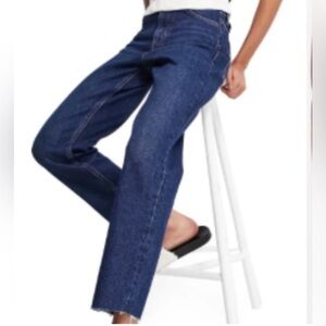 Topshop Straight Leg Raw Hem High Rise Jeans Mid- Dark Wash Blue 25